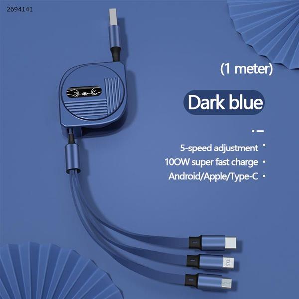 Lunar telescopic 100W one-to-three fast charging data cable for Android Apple TYPE-C three-in-one charging cable blue Charger & Data Cable XKS-87