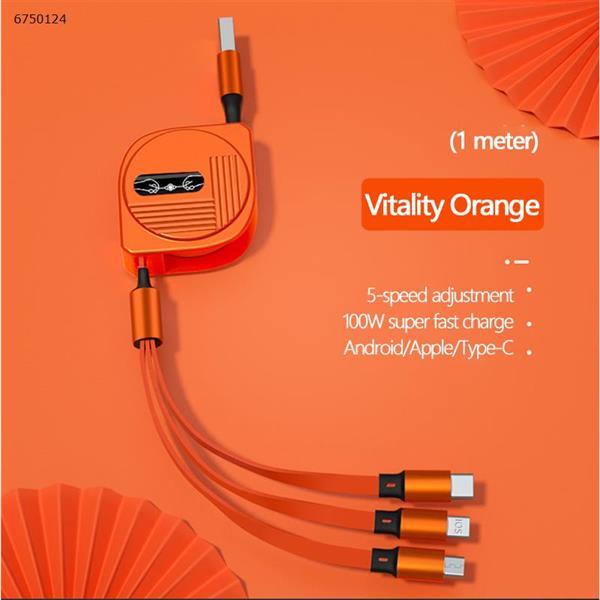 Lunar telescopic 100W one-to-three fast charging data cable for Android Apple TYPE-C three-in-one charging cable orange Charger & Data Cable XKS-87