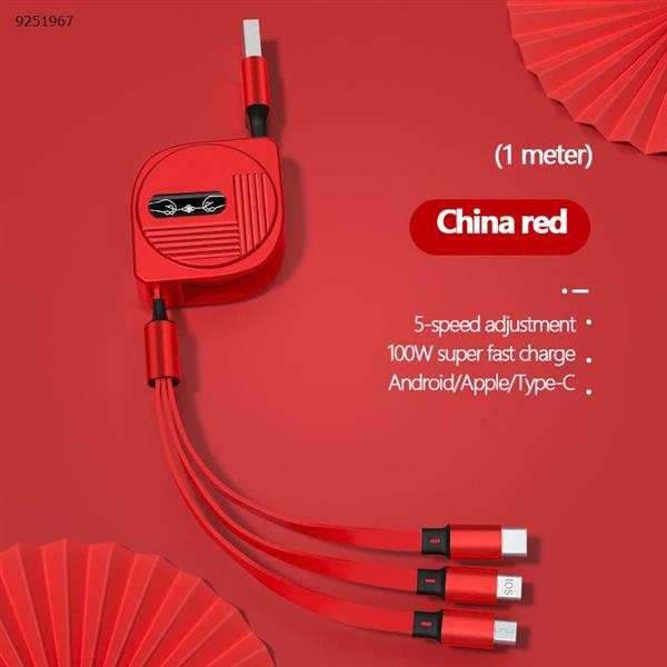 Lunar telescopic 100W one-to-three fast charging data cable for Android Apple TYPE-C three-in-one charging cable red Charger & Data Cable XKS-87