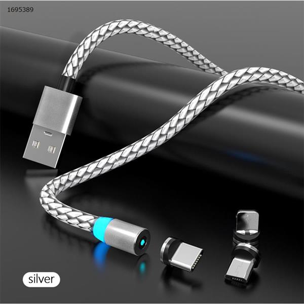 Three-in-one 2A mobile phone fast charging cable breathing light magnetic data cable for Apple Android Silver Charger & Data Cable N/A
