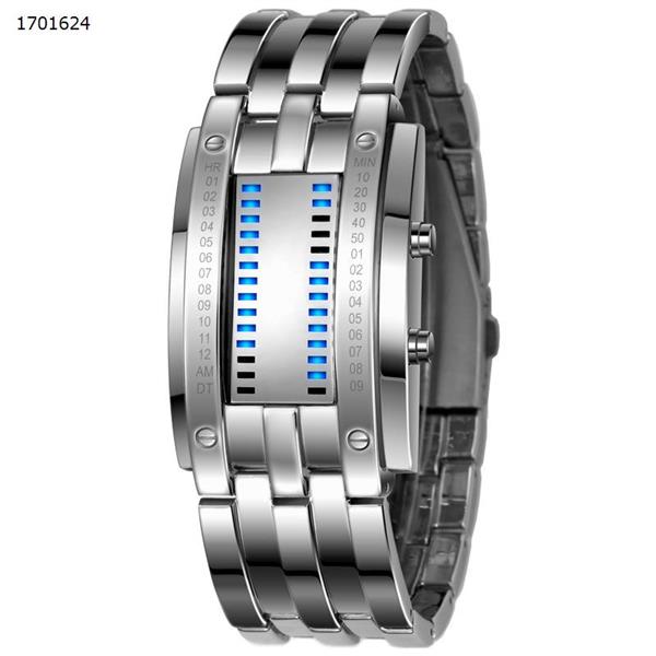 Korean version of the trend binary LED watch tungsten steel belt couple waterproof watch large silver Smart Wear 0926