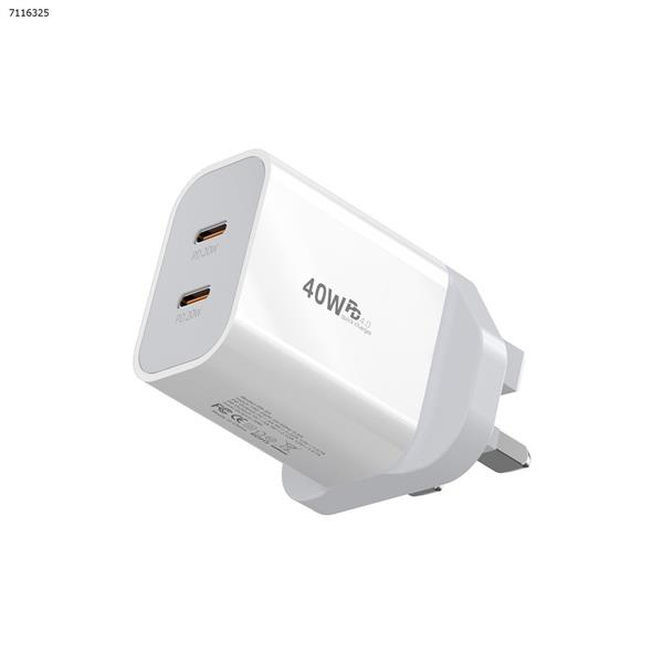 USB C Wall Charger PD3.0 2-Port 40W mobile phone charger PD fast charge 20W charging head suitable for MacBook Air, iPhone 13/13 Pro/13 Mini, iPhone 12/12 Pro/12 Pro Max/12 Mini, iPhone SE, iPad Air, iPad Mini UK White Charger & Data Cable PD-03