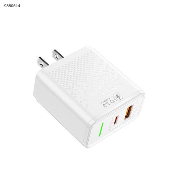 PD20W fast charger QC3.0 Apple mobile phone fast charging head, dual Port PD3.0 USB-C + QC3.0 USB-A Rapid Wall Charger suitable for iPhone 13/12/11 Pro, XS/XR/X/8/7P, SE, iPad, AirPods US white Charger & Data Cable GC06 A+C