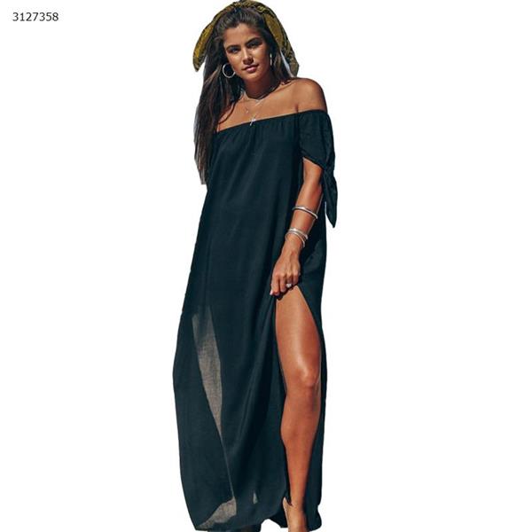 Sexy One-Shoulder Irregular Split Swing Dress (Black M Size) Outdoor Clothing N\A