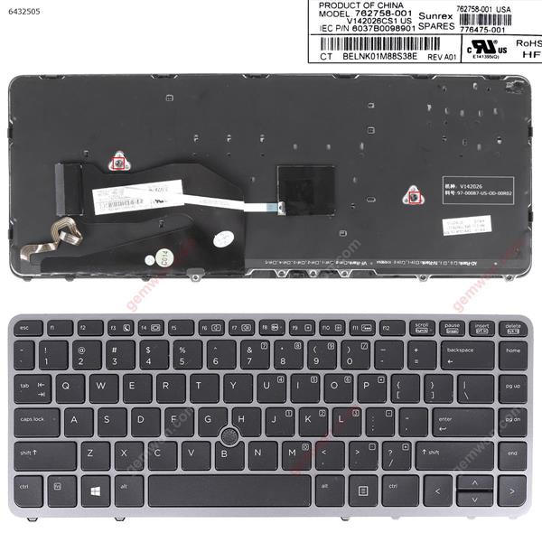 HP EliteBook 840 G1 850 G1 SILVER FRAME BLACK (with point,Backlit,Win8) US N/A Laptop Keyboard ( )