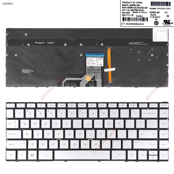 HP Spectre x360 13-W010CA 13-W013DX 13-W020CA 13-W023DX Silver (Backlit,Without FRAME,WIN8) US N/A Laptop Keyboard (OEM-B)