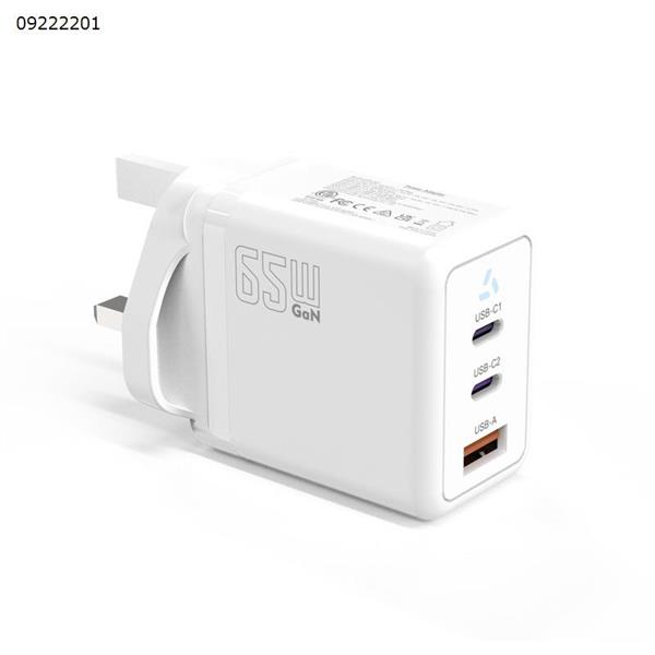 White UK 65W Gallium Nitride Power Adapter PD Fast Charging Head 2c1a UK Charger Head UKCA Certification Charger & Data Cable FEB-401 65W UK