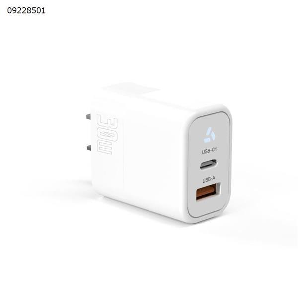White PD3.0+QC 3.0 30W Gallium Nitride Lamp Charger PD Digital Display Charging Head Suitable for Huawei Xiaomi Apple Phone Charger & Data Cable 393GLP US