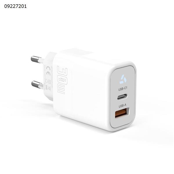 White PD30W European standard gallium nitride charger USB-A+TYPE-C dual port mobile phone tablet fast charging CE certified PD charging head Charger & Data Cable 393GLP EU