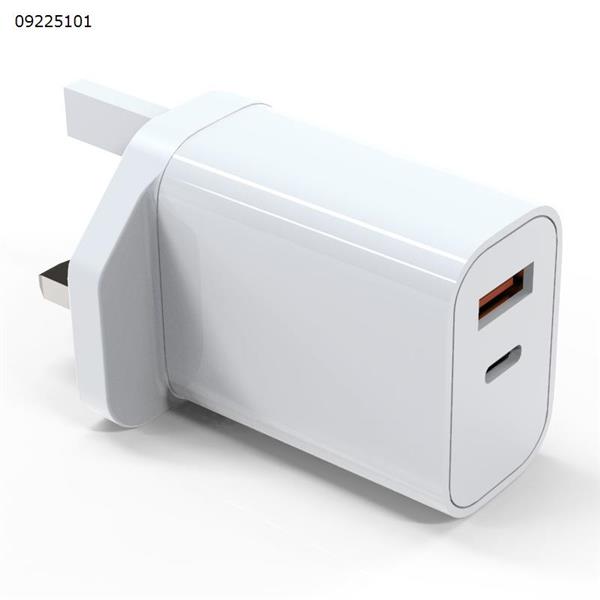 White 30W dual port British standard fast charging head UKCA certified PD+QC3.0 travel adapter dual port British standard charging head suitable for Huawei Xiaomi Apple phones Charger & Data Cable FEB-393G A+C 30W UK