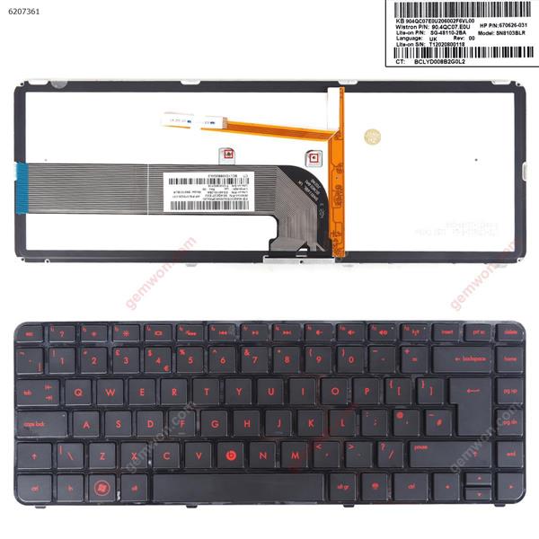 HP DV4-3000 DV4-4000 GLOSSY FRAME BLACK(Red Printing,Backlit Version) UK 90.4QC07.00U Laptop Keyboard (OEM-B)