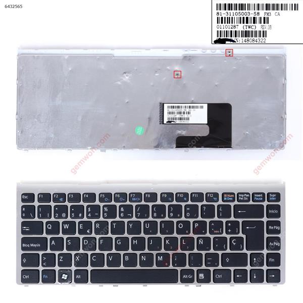 SONY VGN-FW SILVER FRAME BLACK (OEM) Sp 148084322   81-31105003-58 Laptop Keyboard (OEM-B)