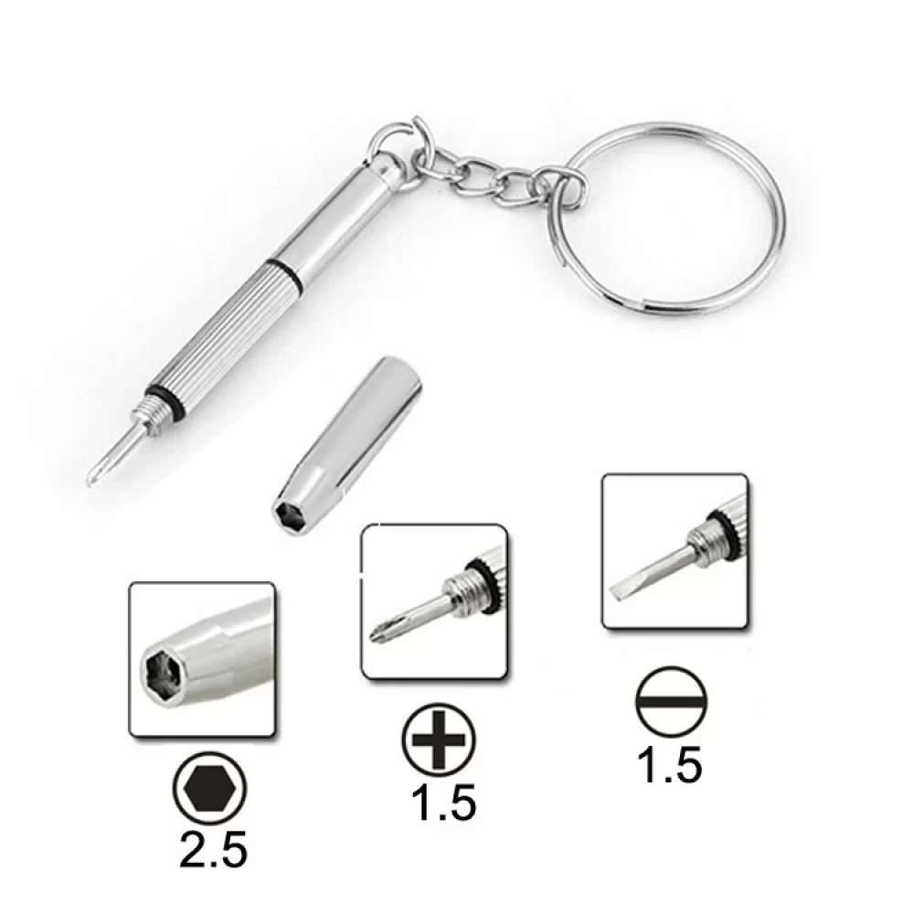 3 in 1 Repair Kit Key Ring with 3 Screwdrivers: Cross 1.5, Straight 1.5, Star Nut M2.5 for Smart Phone, Watches, Glasses(Silver)