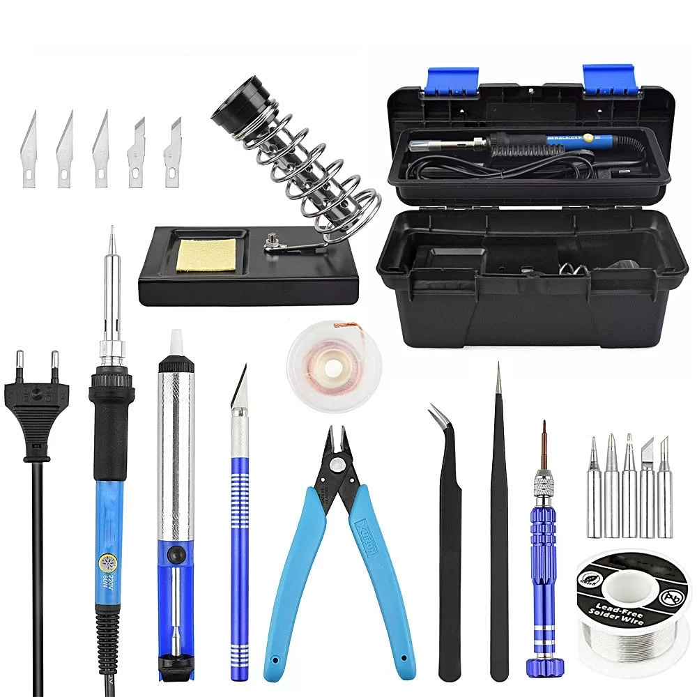 Adjustable Temperature Electrical Soldering Iron Kit Welding Repair Tool Set Tool Box(Color:Blue Size:EU Plug)
