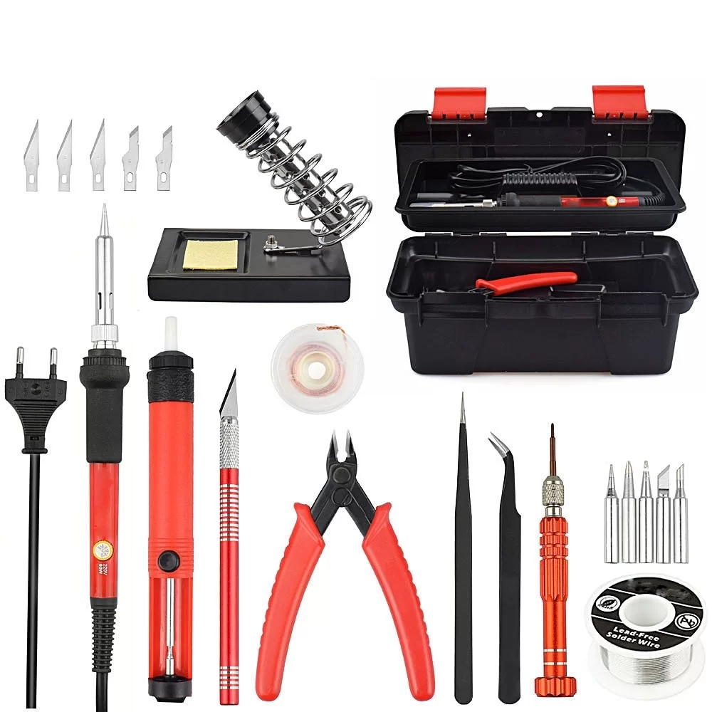 Adjustable Temperature Electrical Soldering Iron Kit Welding Repair Tool Set Tool Box(Color:Red Size:US Plug)
