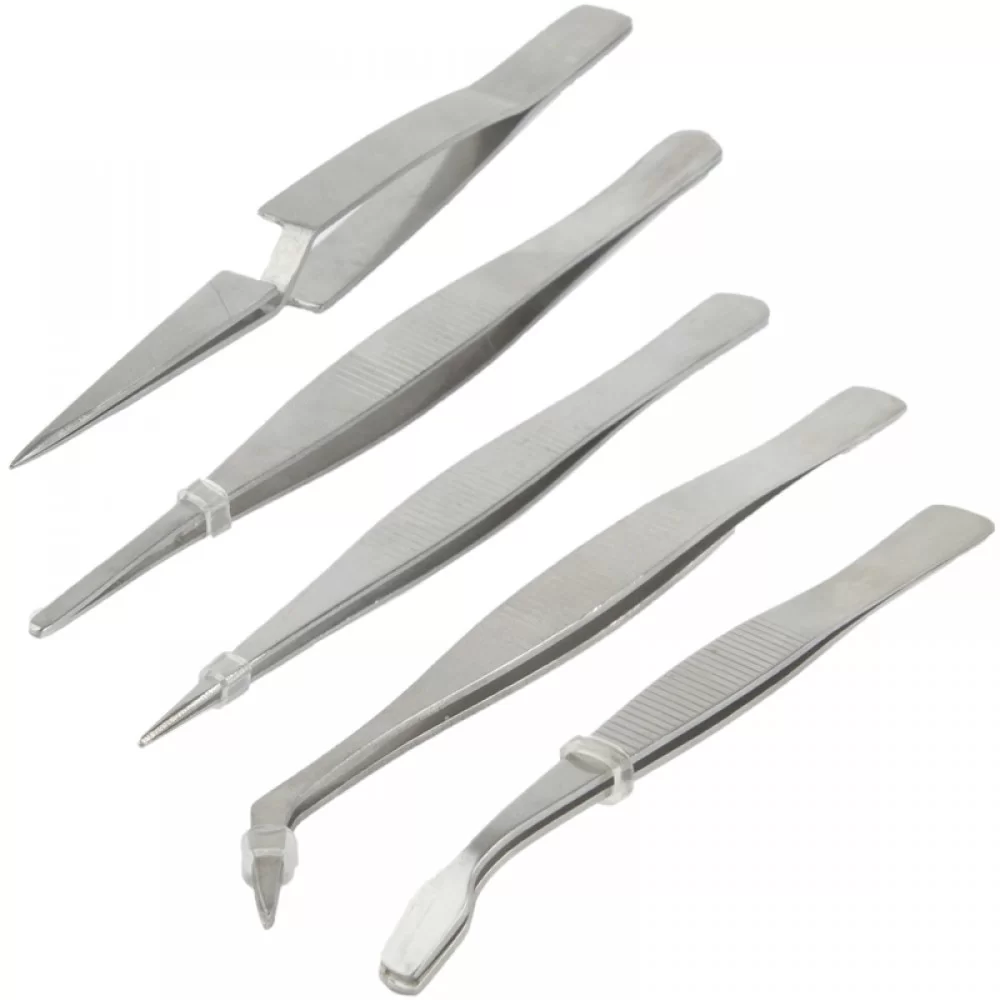High-precision Electronic Stainless Steel Elbow & Straight Tweezers, include 5 kind of Tweezers(Silver)