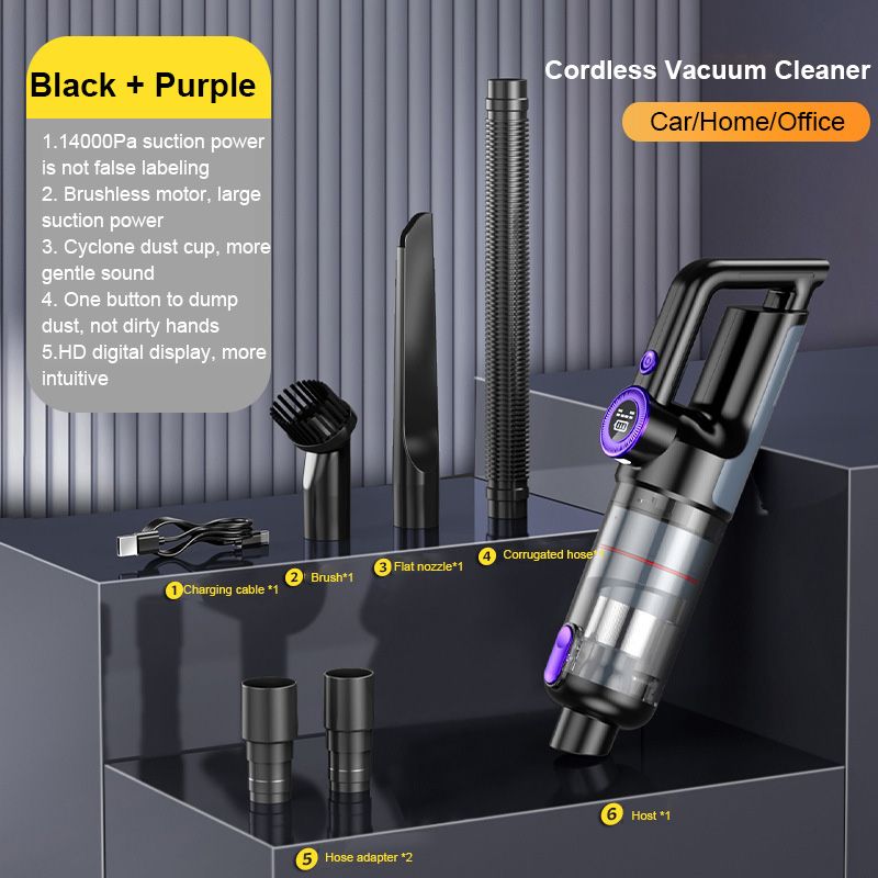 [Black] Cordless vacuum cleaner 14200PA super large suction brushless high power portable cyclone Handheld home car vacuum cleaner HD digital display whirlwind dust cup 75dB bass TYPE-C charging  VC028