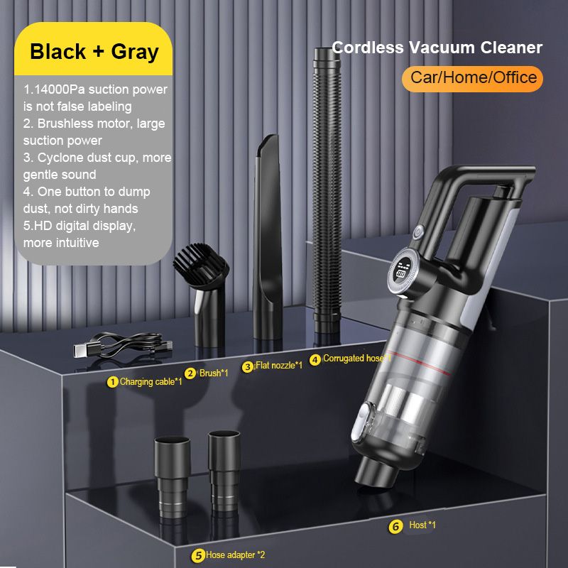 [Grey] Cordless vacuum cleaner 14200PA super large suction brushless high power portable cyclone Handheld home car vacuum cleaner HD digital display whirlwind dust cup 75dB bass TYPE-C charging  VC028