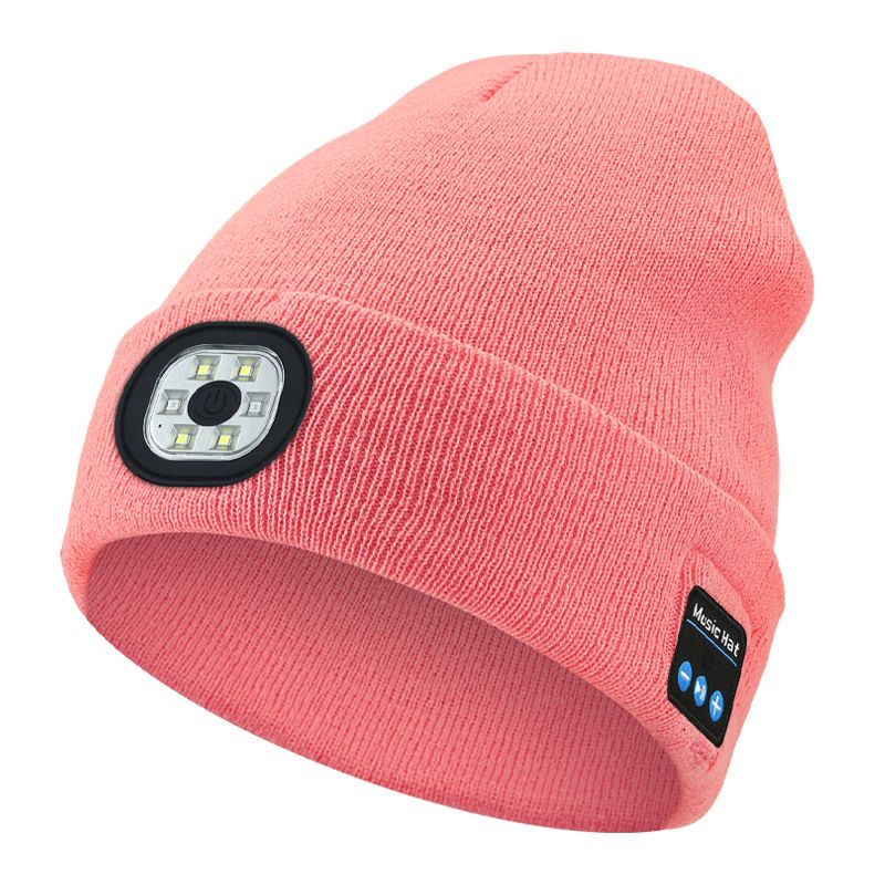 [Pink] Wireless Bluetooth music knitted hat Outdoor led lighting luminous hat Bluetooth 5.0 three-speed light USB charging removable and washable  M1-BL10