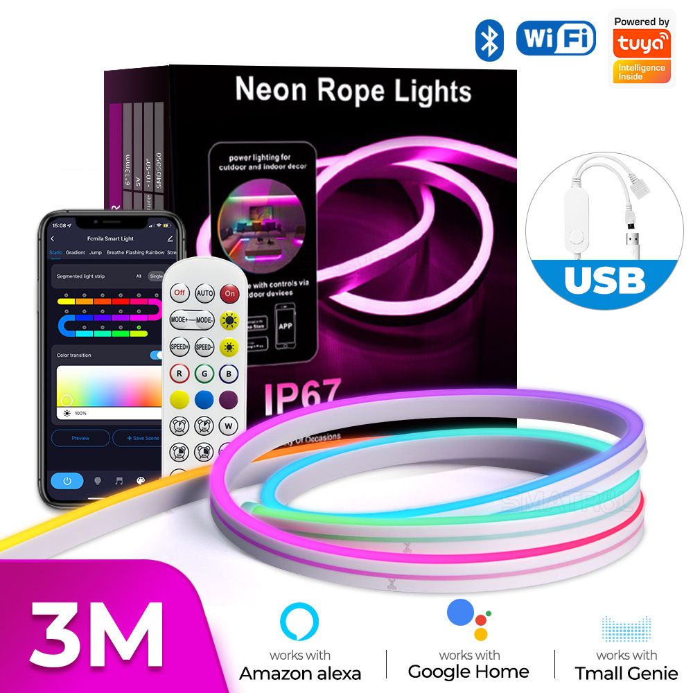 tuya WIFI smart silicone LED neon lights with Bluetooth music remote control APP voice timing running lights with 3M  DD001W-3M