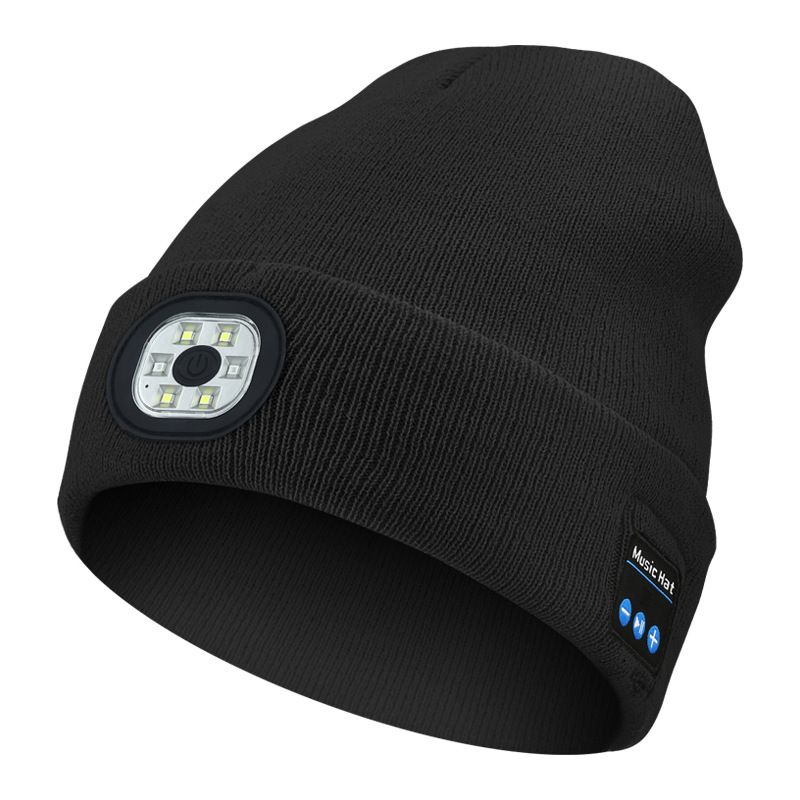 [Black] Wireless Bluetooth music knitted hat Outdoor led lighting luminous hat Bluetooth 5.0 three-speed light USB charging removable and washable  M1-BL10